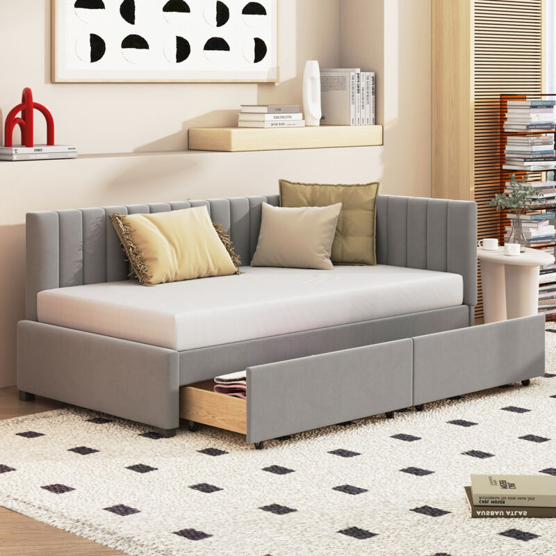 foto del prodotto divano letto imbottito 90200 letto multifunzionale con 2 ampi cassetti portaoggetti e rete a doghe in velluto grigio delicato sulla pelle
