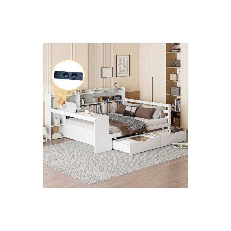 foto del prodotto divano letto in legno 140x200 cm con scrivania, libreria, cassetti, presa di corrente, senza materasso, bianco