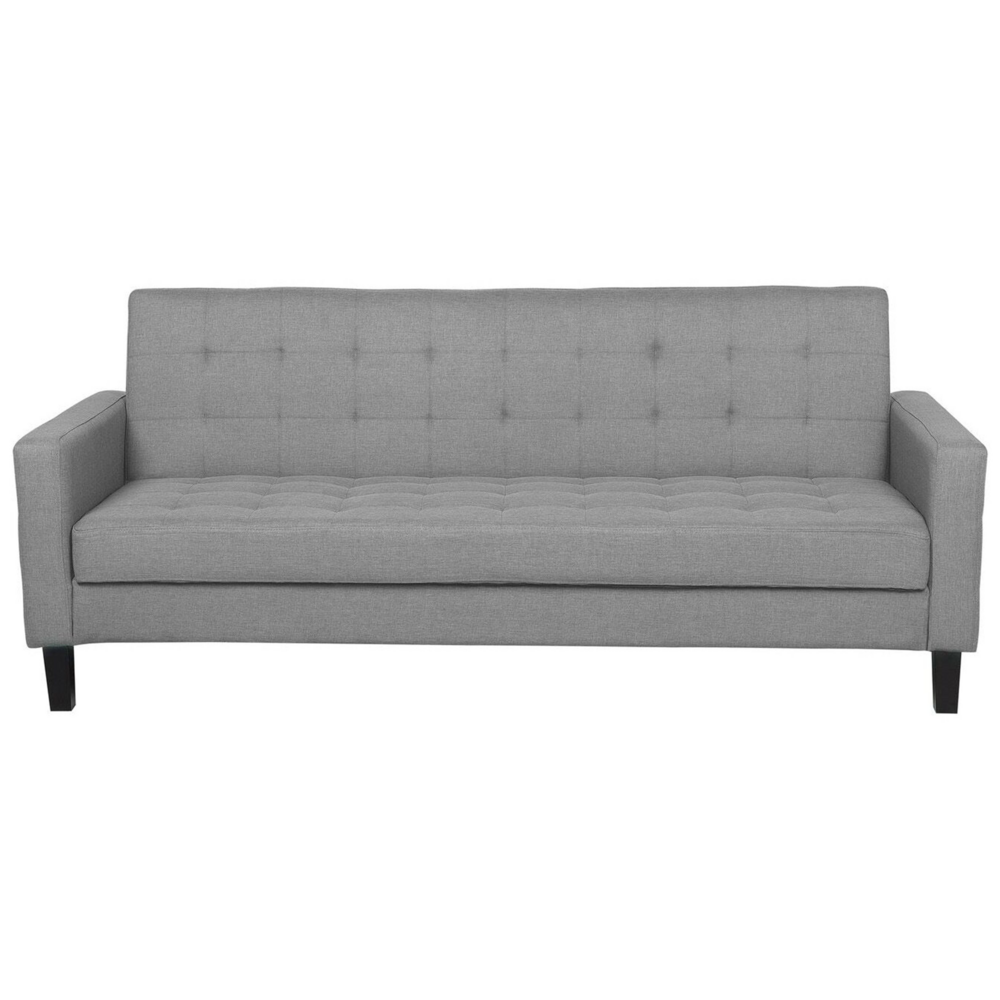 foto del prodotto divano letto in tessuto grigio chiaro a 3 posti imbottito trapuntato click clack