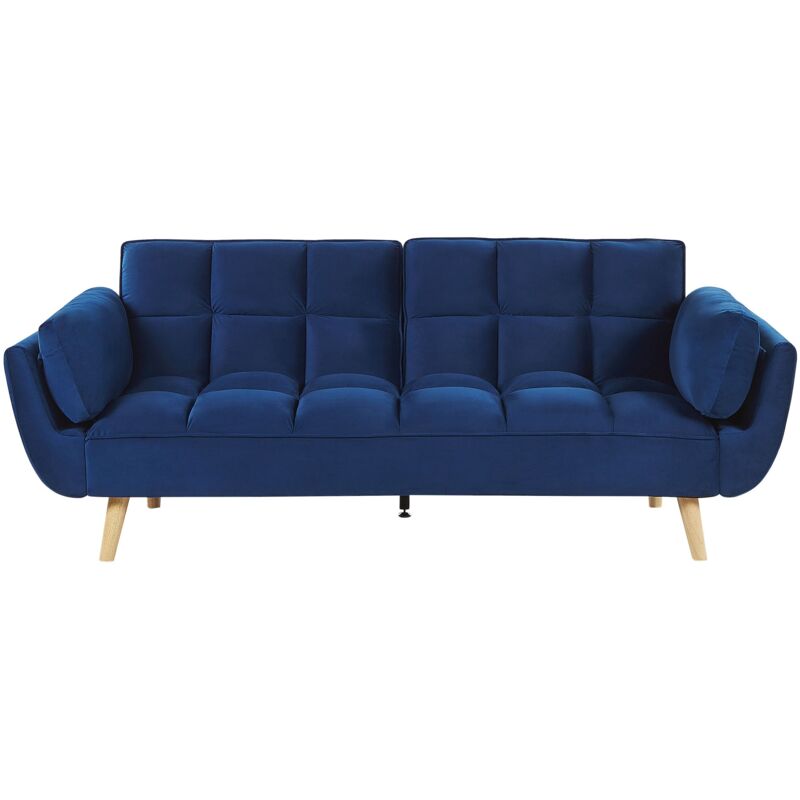 foto del prodotto divano letto in velluto blu 3 posti gambe in legno imbottito in schiuma asby