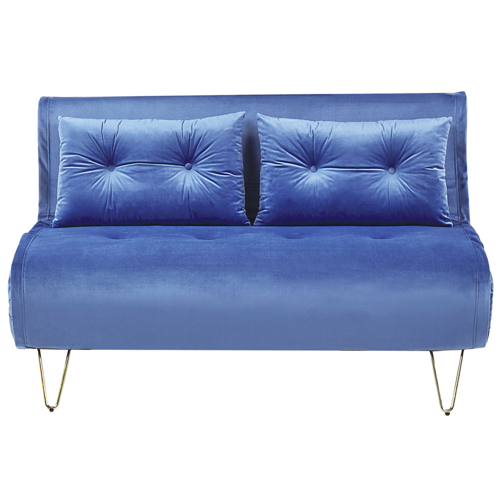 foto del prodotto divano letto in velluto blu navy a 2 posti letto pieghevole senza braccioli con 2 cuscini gambe in metallo dorato glamour