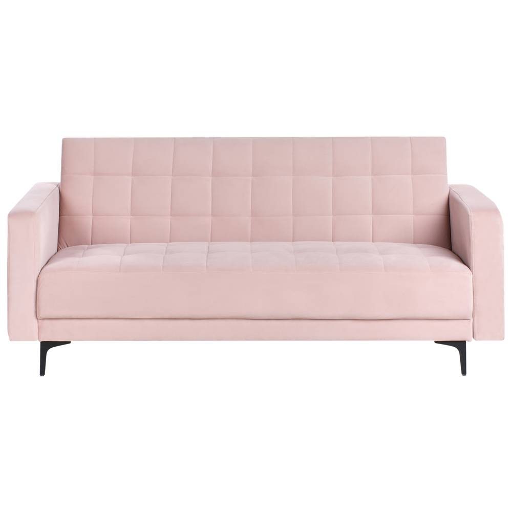 foto del prodotto divano letto in velluto imbottito rosa pastello moderno soggiorno componibile a 3 posti gambe dorate braccio a binario