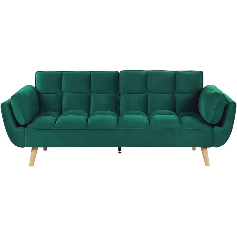 foto del prodotto divano letto in velluto verde 3 posti gambe in legno imbottito in schiuma asby