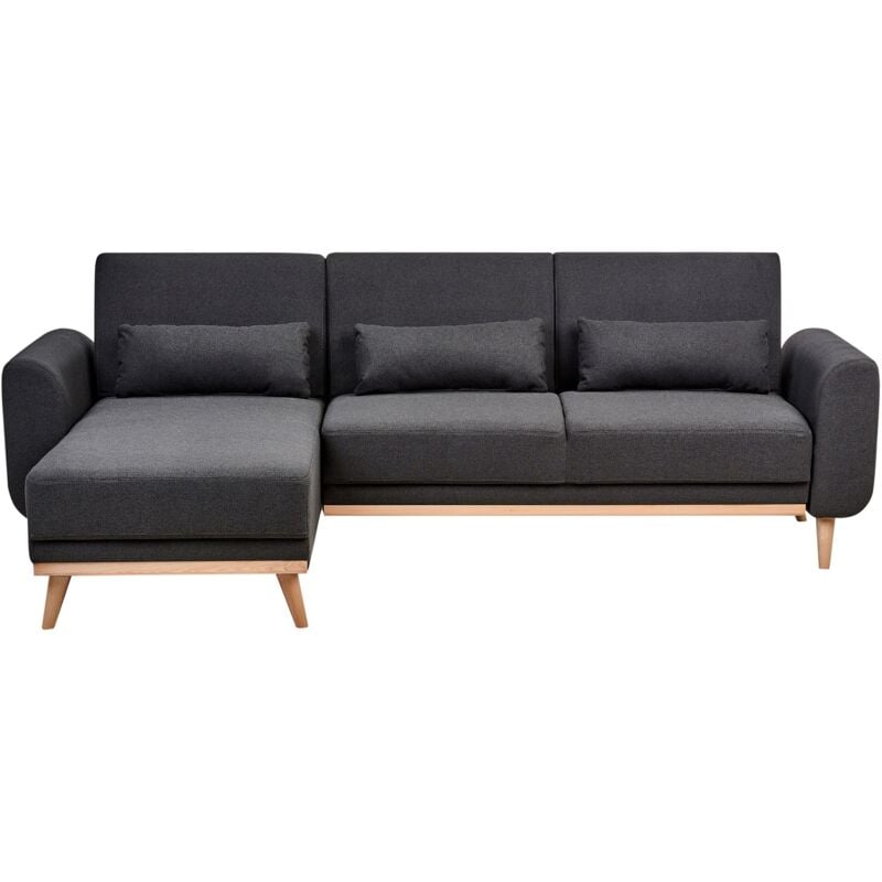 foto del prodotto divano letto moderno ad angolo lato destro tessuto poliestere rivestimento gambe in legno chiaro cuscini extra nero ollsta