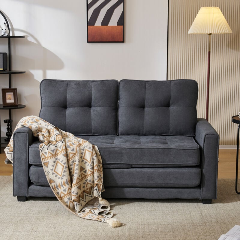 foto del prodotto divano letto pieghevole, letto estraibile, divano imbottito a 2 posti per soggiorno, tasche laterali, comodo, moderno, lino, grigio scuro