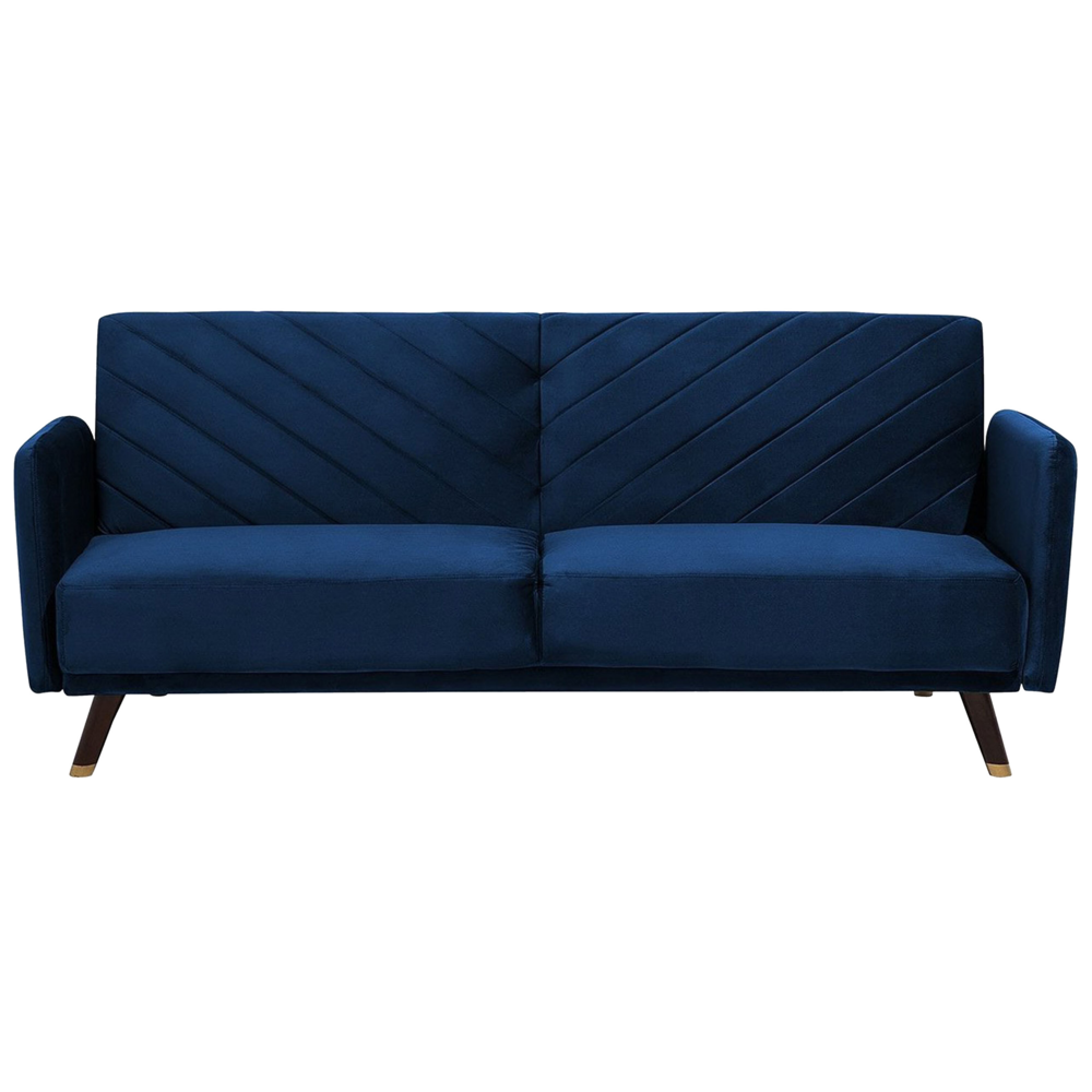 foto del prodotto divano letto tessuto velluto blu navy soggiorno moderno 3 posti gambe in legno braccio a pista
