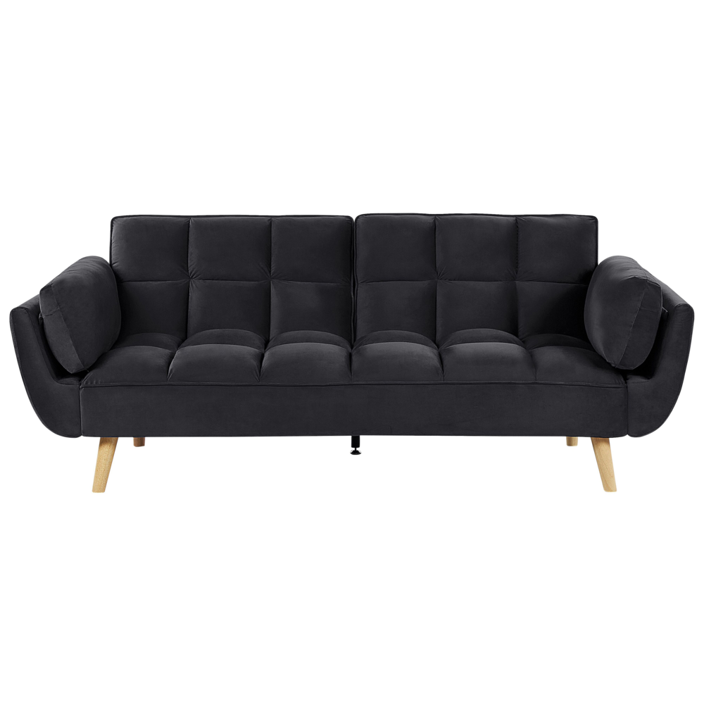 foto del prodotto divano letto tessuto velluto nero 3 posti gambe in legno imbottitura in schiuma imbottitura biscuit schienale diviso