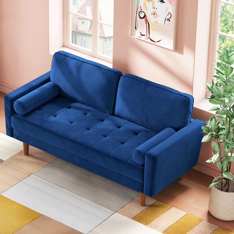 foto del prodotto divano moderno a 2 posti in velluto dritto, divano con braccioli arrotolati, divano a due posti con braccioli, 148 l x 78 p x 85 a cm, blu