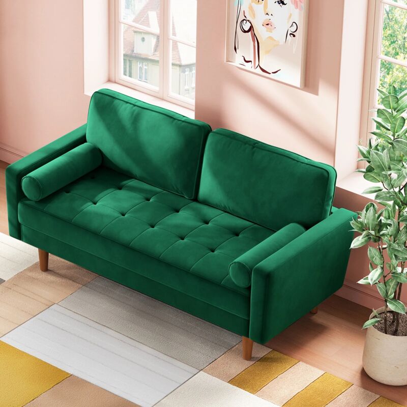 foto del prodotto divano moderno a 2 posti in velluto dritto, divano con braccioli arrotolati, divano a due posti con braccioli, 148 l x 78 p x 85 a cm, verde