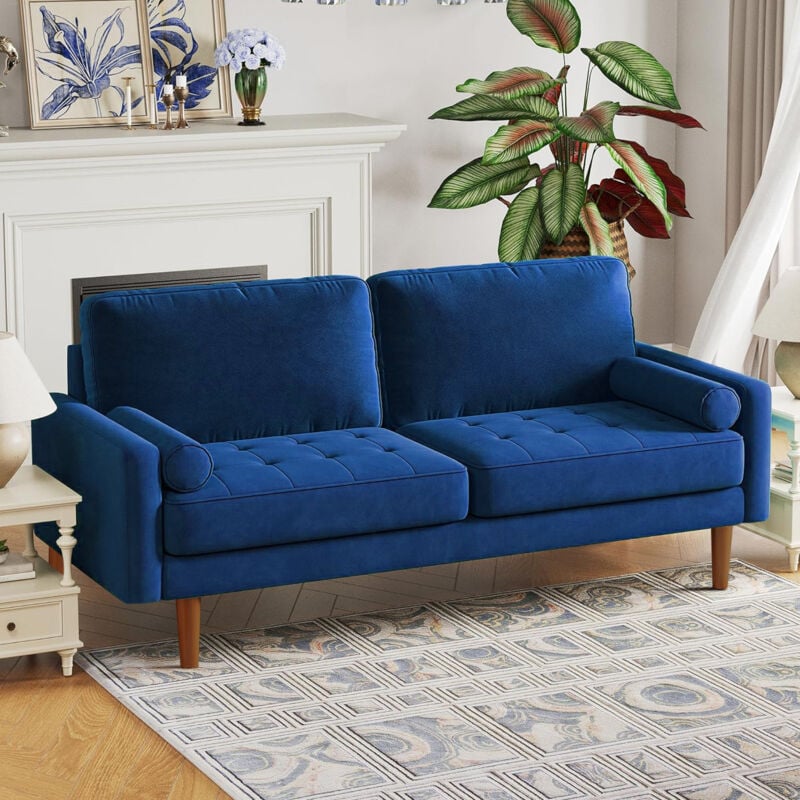 foto del prodotto divano moderno a 3 posti in velluto dritto, divano con braccioli arrotolati, divano a due posti con braccioli, 173 l x 77 p x 86 a cm, blu
