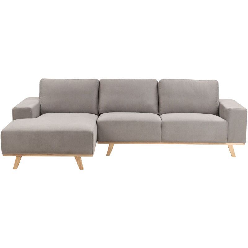 foto del prodotto divano moderno ad angolo lato destro tessuto poliestere rivestimento gambe in legno chiaro schienale con cuscino tortora nora