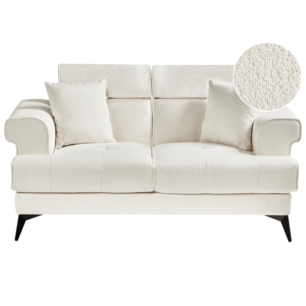 foto del prodotto divano moderno imbottito 2 posti in tessuto boucl bianco con poggiatesta regolabile stile moderno