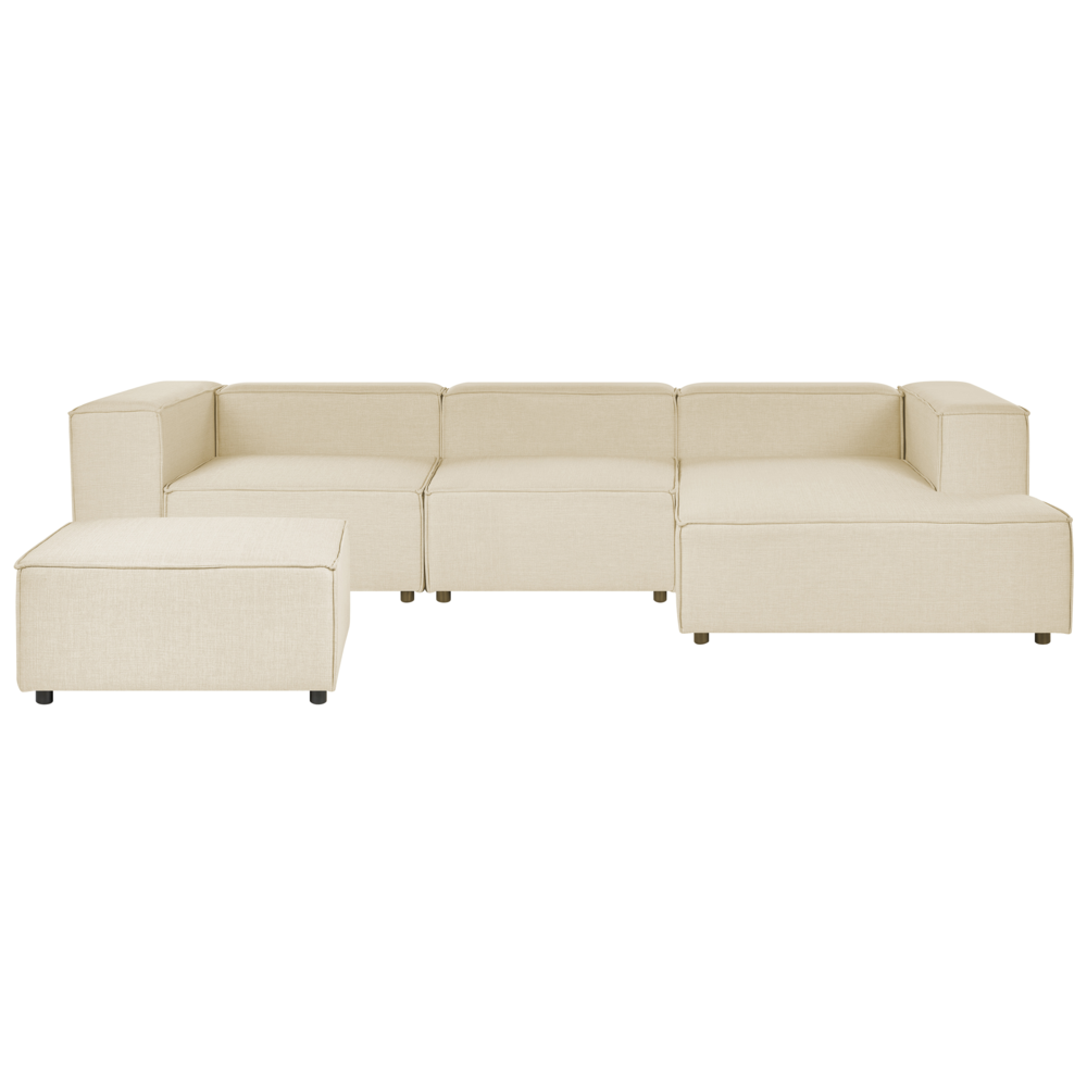 foto del prodotto divano modulare a sinistra beige lino 3 posti con ottomana divano angolare componibile con gambe nere soggiorno moderno