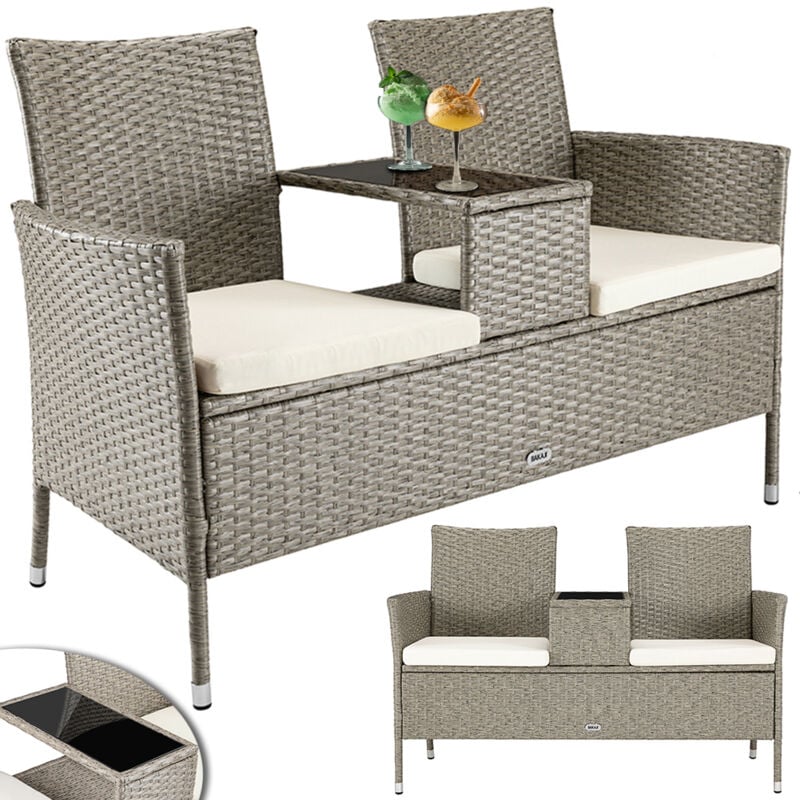 foto del prodotto divano panca da giardino crema in polyrattan panchina divanetto con ripiano vetro