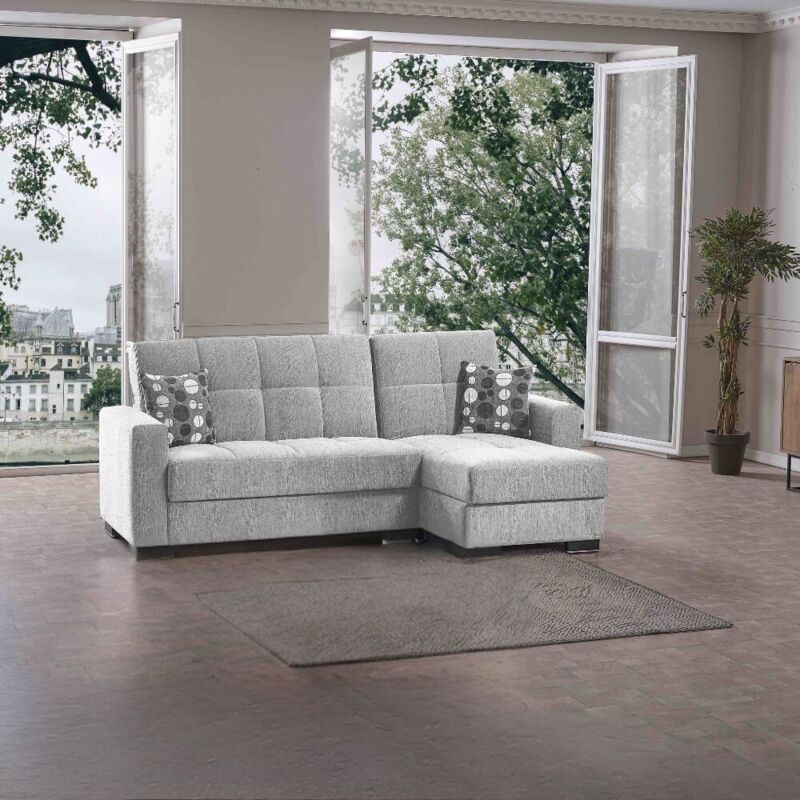 foto del prodotto divano penisola reversibile funzione letto e doppio contenitore tessuto grigio chiaro fermina lounge 240x138x99h