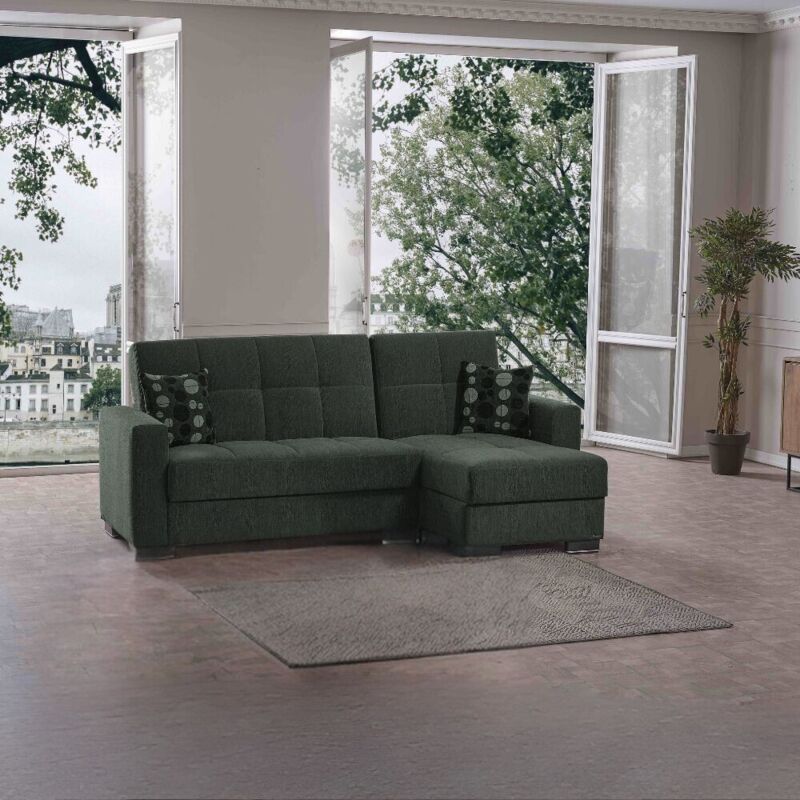 foto del prodotto divano penisola reversibile funzione letto e doppio contenitore tessuto verde oliva fermina lounge 240x138x99h