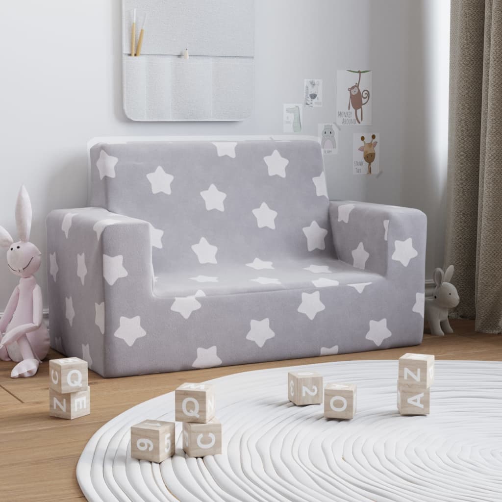 foto del prodotto divano per bambini 2 posti grigio chiaro stelle morbido peluche cod mxl 15729