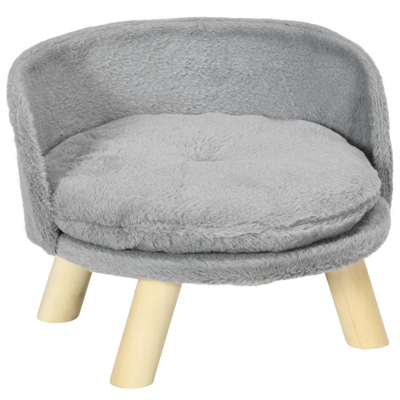 foto del prodotto divano per cani rotondo in tessuto di peluche e legno con cuscino extra, 40.5x33 cm, grigio e color legno