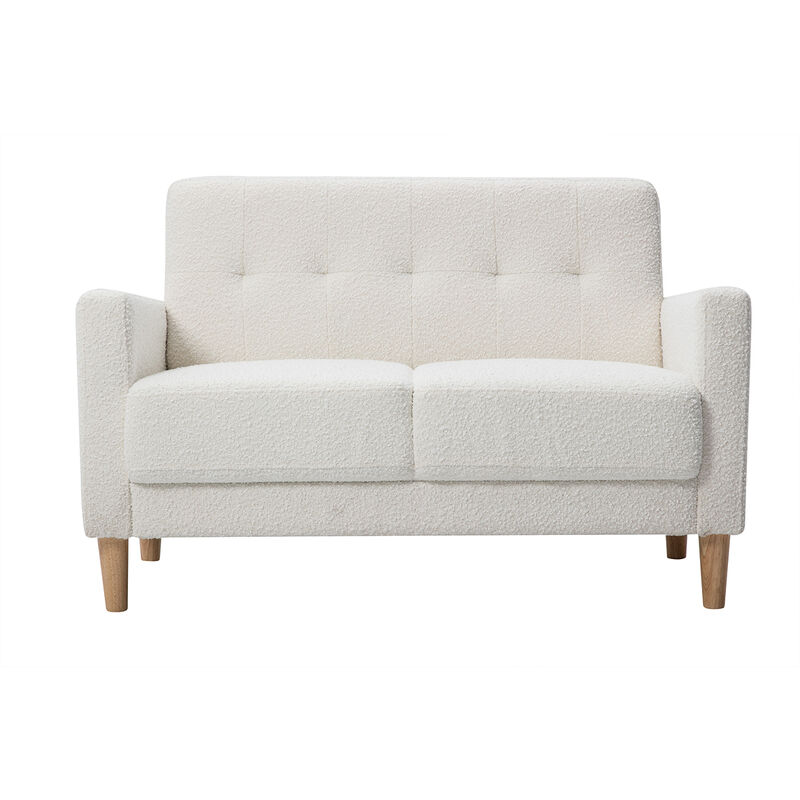 foto del prodotto divano scandinavo 2 posti in tessuto effetto lana boucl bianco e legno chiaro moon