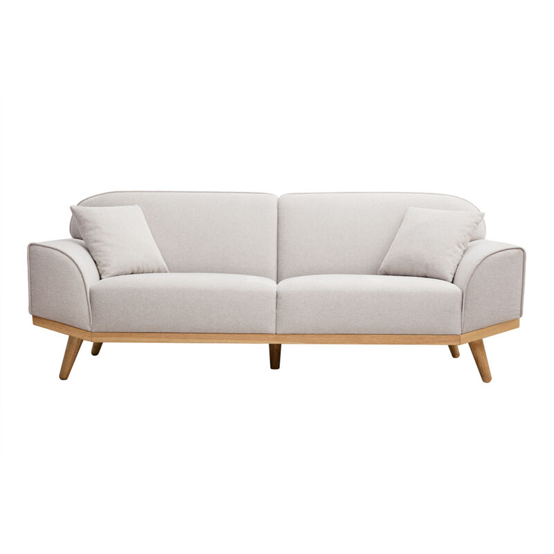 foto del prodotto divano scandinavo 3 posti in tessuto effetto velluto testurizzato beige e legno chiaro freema