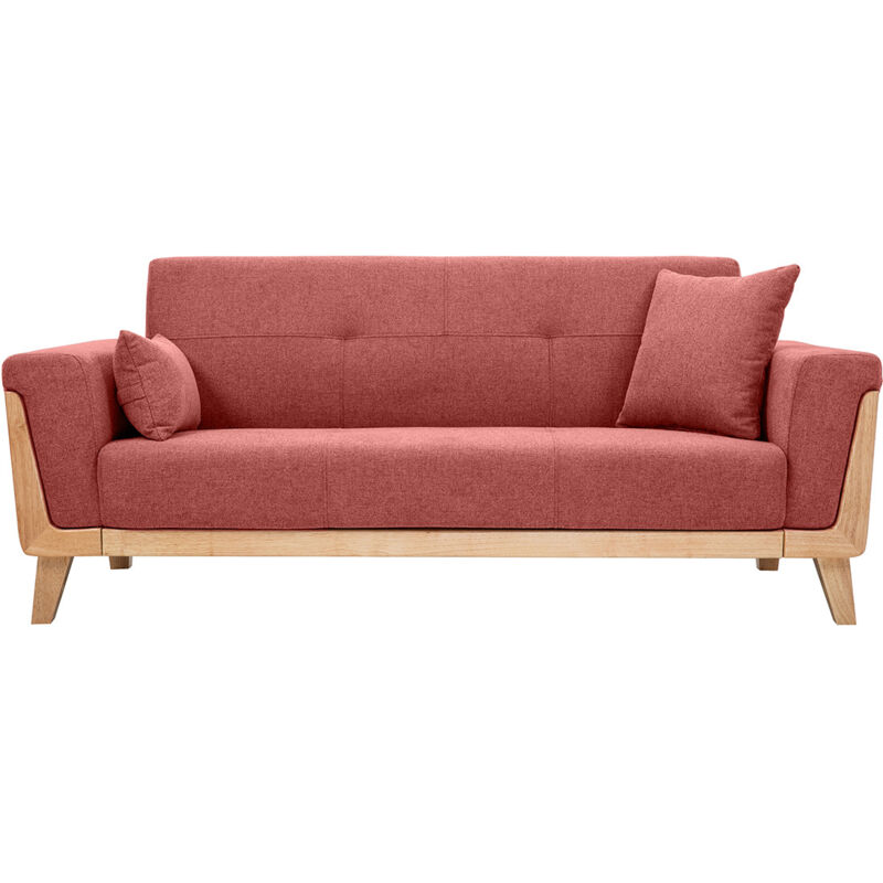 foto del prodotto divano scandinavo 3 posti in tessuto effetto velluto testurizzato color terracotta e legno chiaro fjord