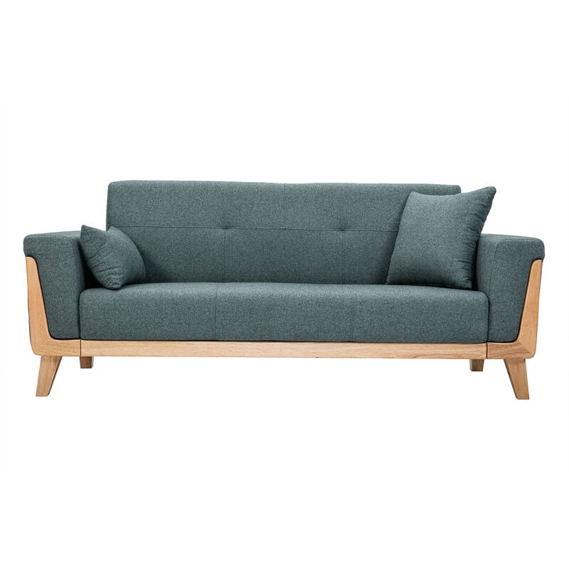 foto del prodotto divano scandinavo 3 posti in tessuto grigio verde e legno chiaro fjord