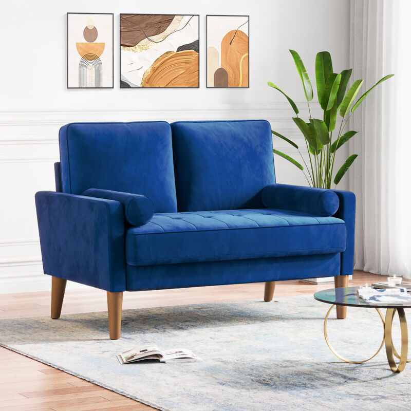 foto del prodotto divano scandinavo a 2 posti, mini divano con braccioli arrotolati in velluto, poltrona da soggiorno con braccioli, 121x77x87 cm blu