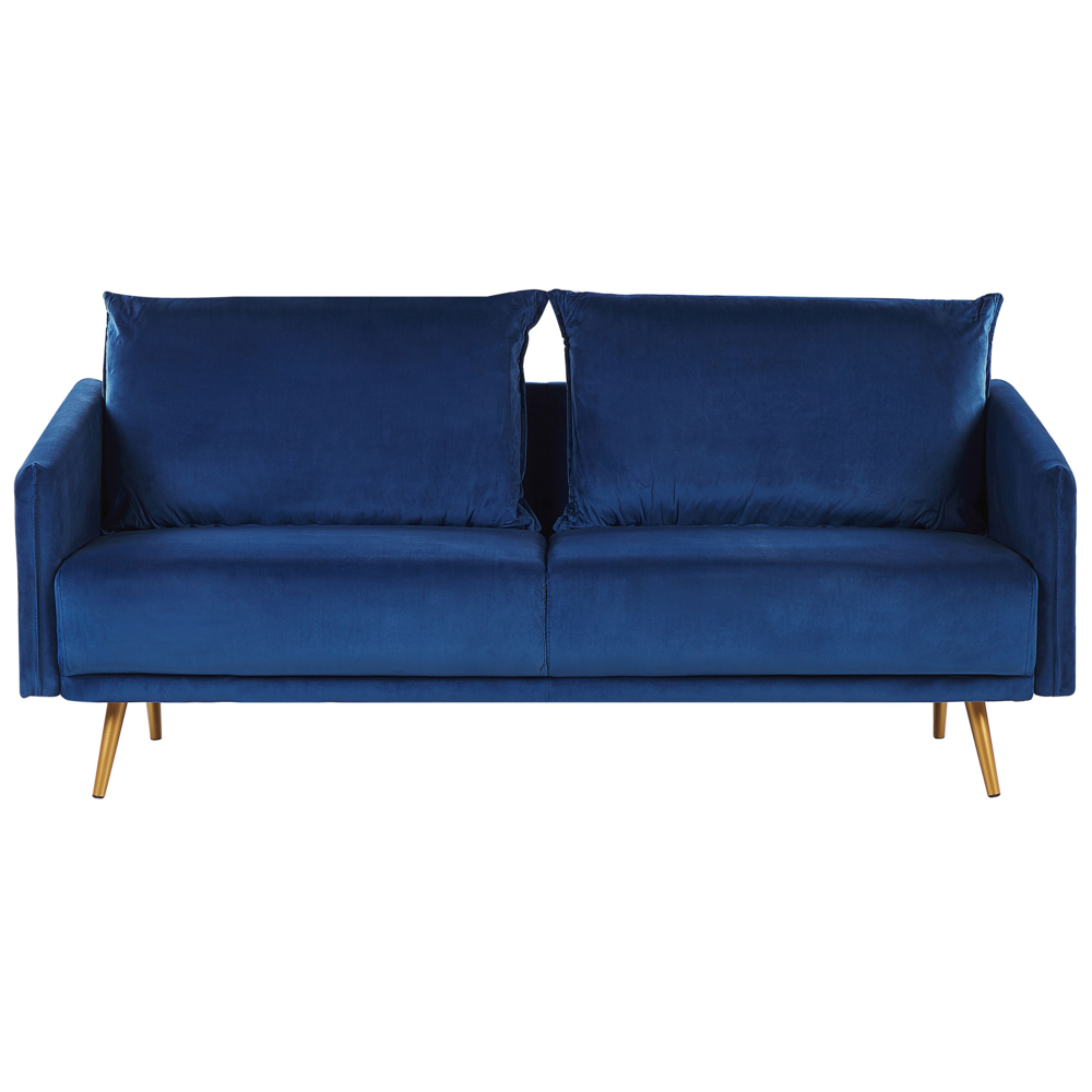 foto del prodotto divano velluto blu navy 3 posti schienale imbottito gambe in metallo dorato retr glam