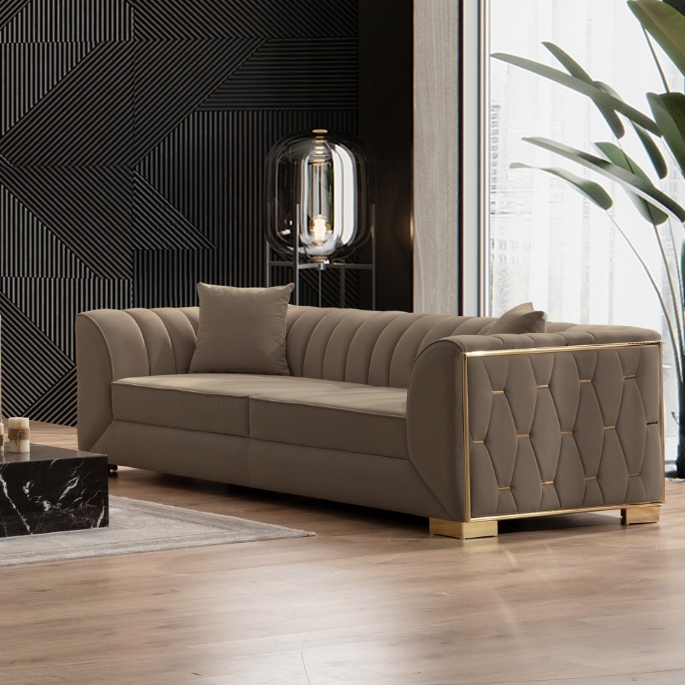 foto del prodotto divano vera 2 posti in tessuto babyface 06 marrone con gambe oro