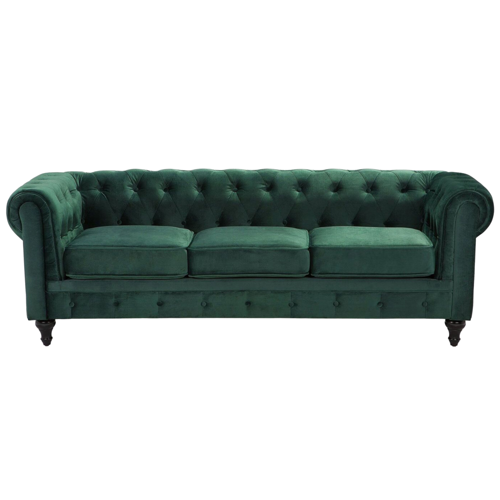 foto del prodotto divano vintage a 3 posti in tessuto verde chesterfield