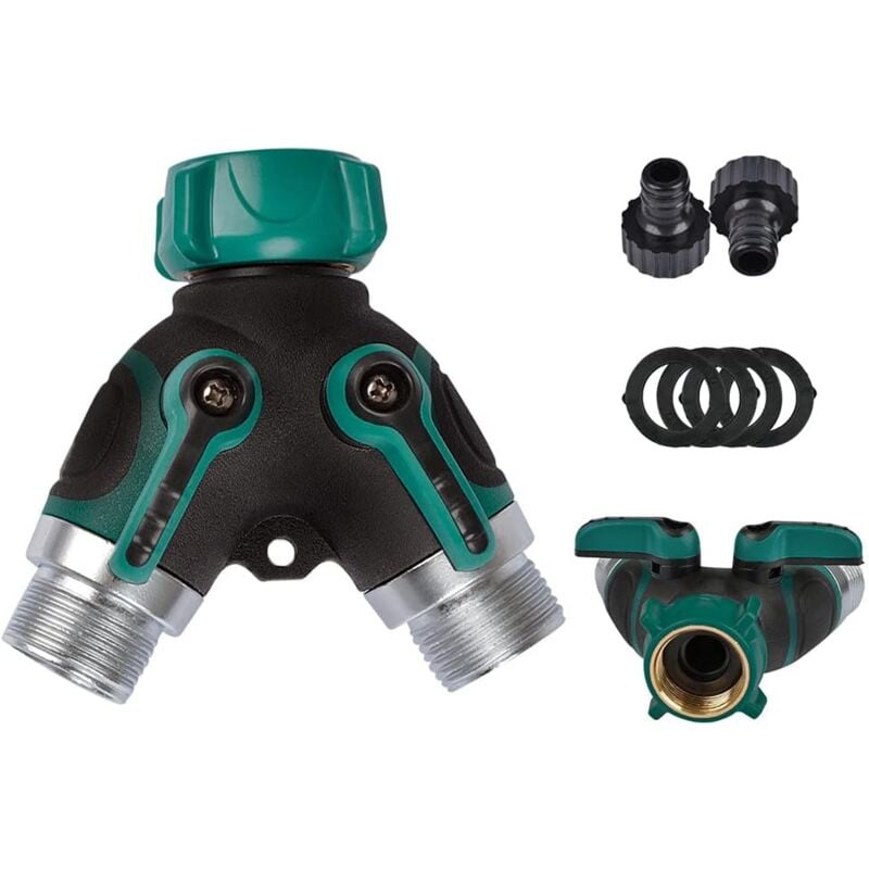 foto del prodotto divisore rubinetto a 2 vie da 3 4 , connettore per tubo da giardino con valvole di accensione spegnimento individuali, adattatore per rubinetto con 2