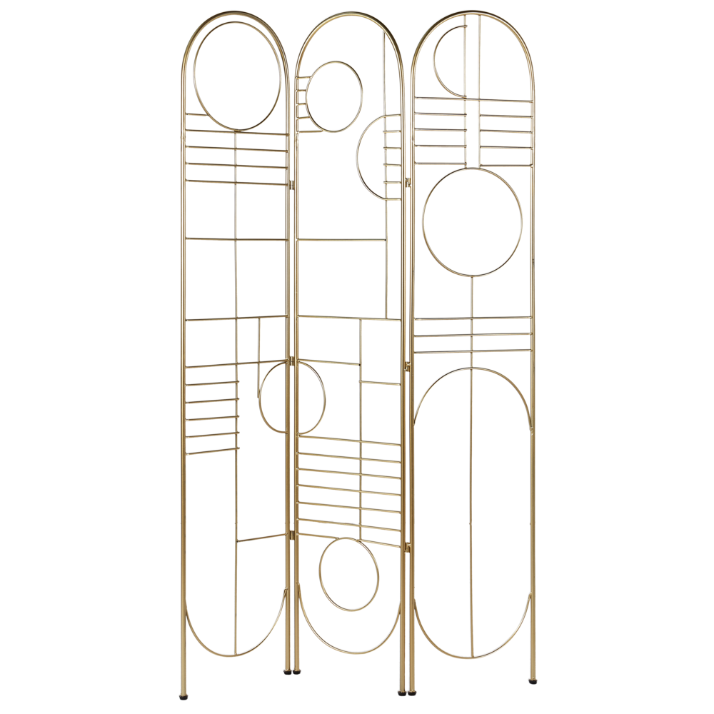 foto del prodotto divisorio decorativo per ambienti a 3 pannelli pieghevoli con struttura in ferro e metallo oro