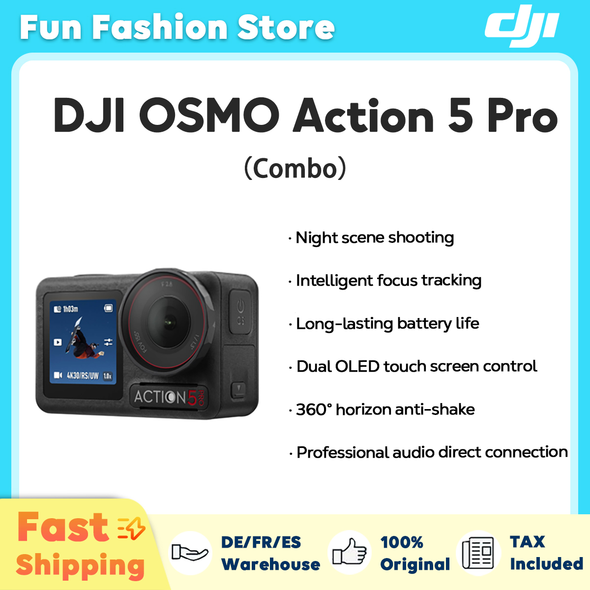 foto del prodotto dji osmo action 5 pro combo 1 1.3 ''sensor 4hrs extended battery life dual oled touchscreen ad alta luminosità originali in magazzino