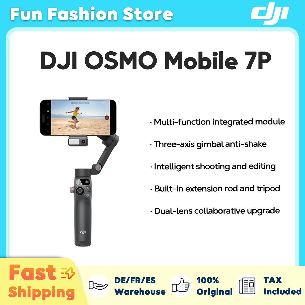 foto del prodotto dji osmo mobile 7p robusta stabilizzazione cardanica a 3 assi durata della batteria di 10 ore e ricarica del telefono originale nuovo
