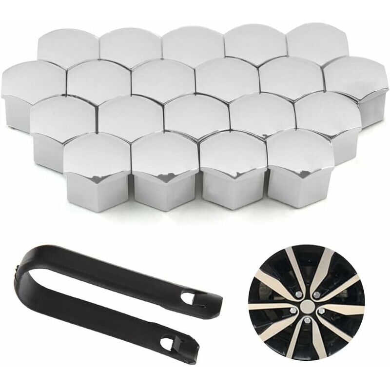 foto del prodotto dk 20 pezzi cappucci dadi ruota 17mm copridadi ruota universali bulloni ruota con set di strumenti di rimozione per auto argento 