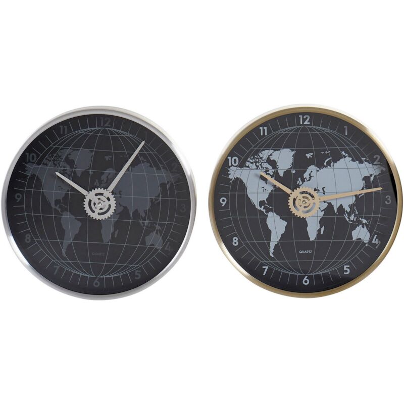foto del prodotto dkd home decor orologio da parete nero dorato argentato alluminio cristallo mappamondo 30 x 4,3 x 30 cm 2 unit 