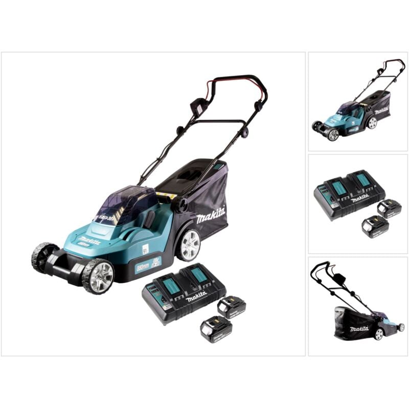 foto del prodotto dlm 432 pf2 36 v 2x 18 v tosaerba a batteria da 43 cm senza spazzole 2x batteria da 3,0 ah doppio caricabatterie makita