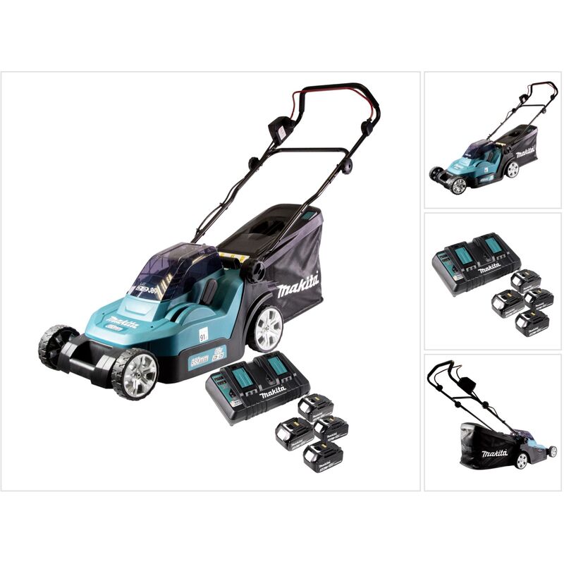 foto del prodotto dlm 432 pf4 36 v 2x 18 v tosaerba a batteria da 43 cm senza spazzole 4x batteria da 3,0 ah doppio caricabatterie makita