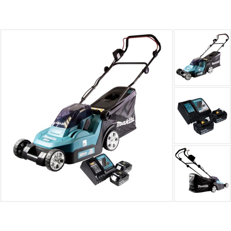 foto del prodotto dlm 432 rf2 36 v 2x 18 v tosaerba a batteria da 43 cm senza spazzole 2x batteria da 3,0 ah caricabatterie caricabatterie makita