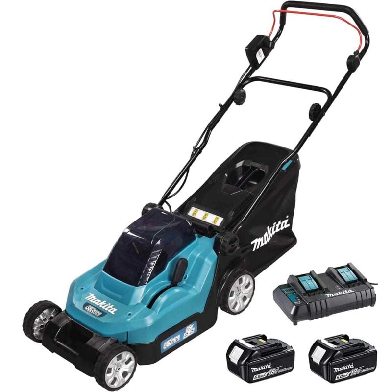 foto del prodotto dlm382ct2 twin 18v 36v li ion lxt 38cm tosaerba completo di 2 batterie da 5,0 ah e caricatore a doppia porta makita