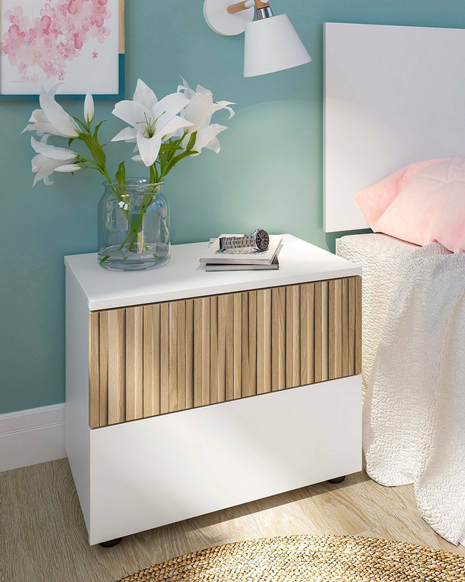 foto del prodotto dmora comodino gleed, com basso, tavolino da notte, mensola da letto, 50x42 h34 cm, bianco e rovere