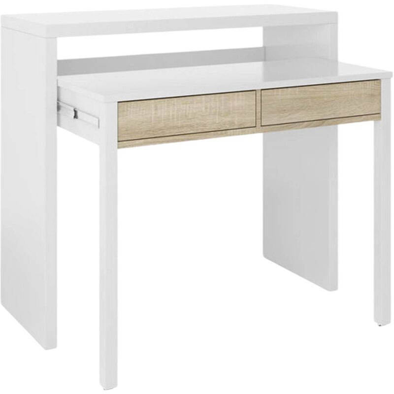 foto del prodotto dmora consolle billings, scrivania con piano estensibile, scrittoio porta pc con 2 cassetti, cm 99x36h88, bianco e rovere, con imballo rinforzato