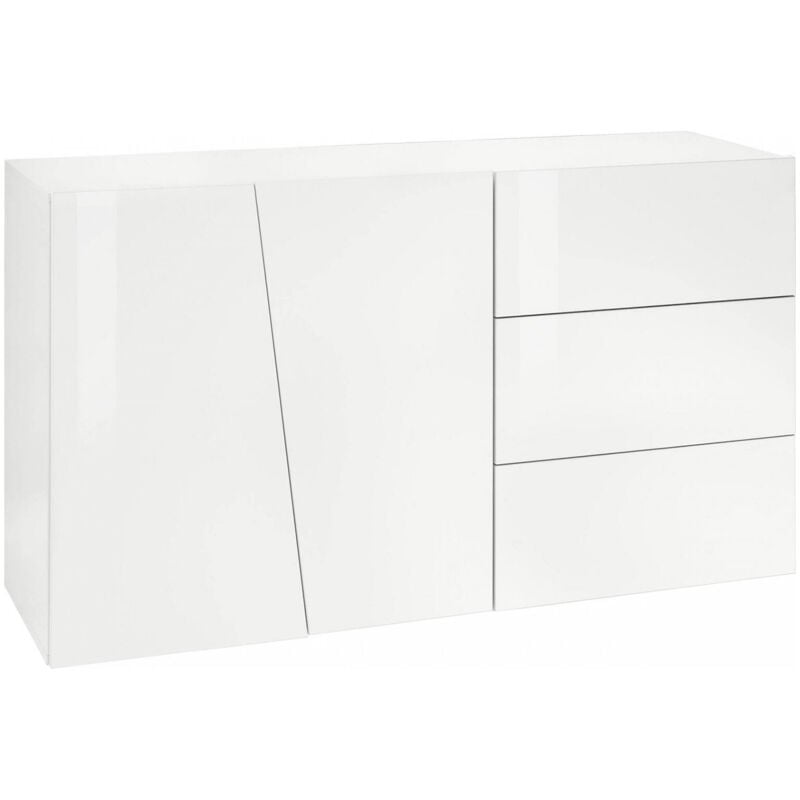 foto del prodotto dmora credenza moderna a 2 ante e 3 cassetti, made in italy, madia da cucina, buffet di design da soggiorno, cm 141x43h86, colore bianco lucido,