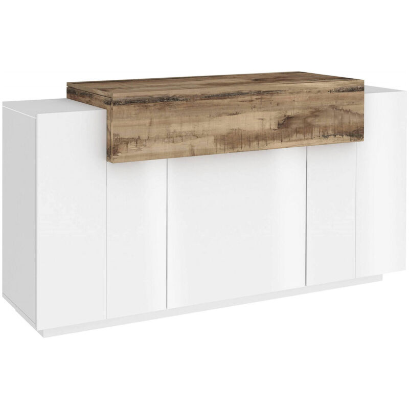 foto del prodotto dmora credenza moderna, madia di design a 4 ante, made in italy, mobile porta tv, buffet da soggiorno, cm 140x45h86, colore bianco lucido e acero,