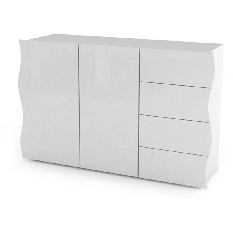 foto del prodotto dmora credenza ondulata, madia di design a 2 ante e 4 cassetti, made in italy, mobile porta tv, buffet da soggiorno, cm 124x40h81, colore bianco