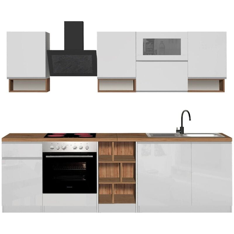 foto del prodotto dmora cucina completa attiko, set con dispensa, mobile per cucinotto, kit blocco lineare, 100 made in italy, 255x60h85 cm, bianco lucido e rovere