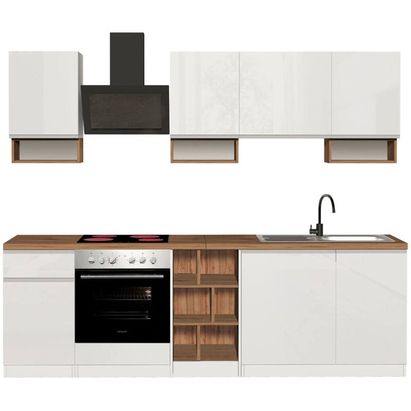 foto del prodotto dmora - cucina completa attimis, set con dispensa, mobile per cucinotto, kit blocco lineare, 100 made in italy, 255x60h85 cm, bianco lucido e rovere