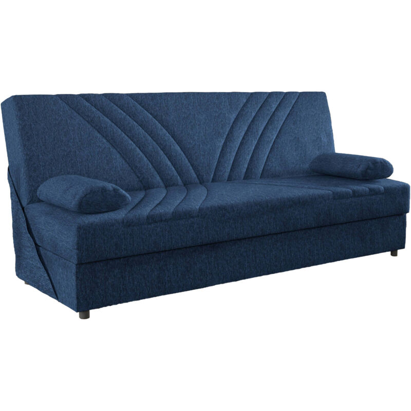 foto del prodotto dmora divano letto 3 posti apicella, divano contenitore 2 cuscini inclusi, sof da soggiorno in tessuto con apertura click clack, 181x81h88 cm, blu