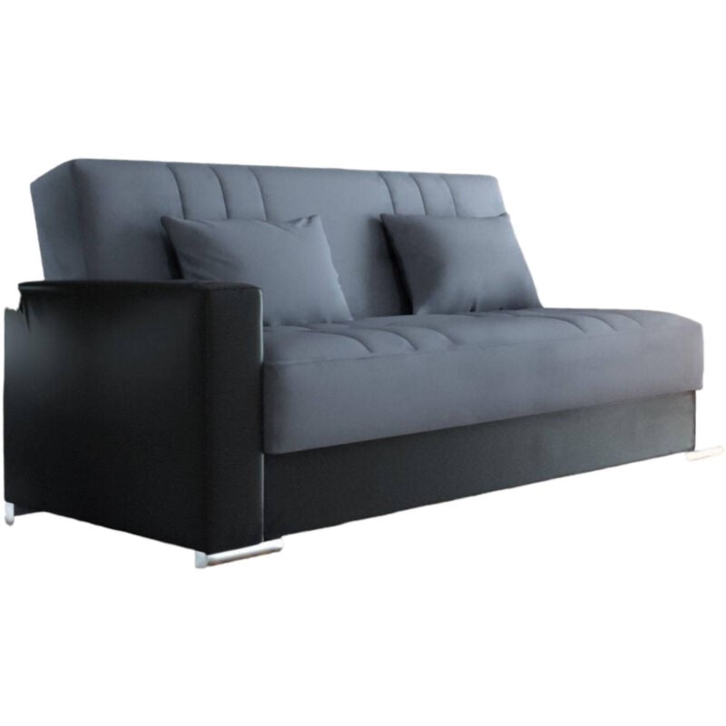 foto del prodotto dmora divano letto 3 posti arix, divano contenitore in ecopelle e tessuto, sof con apertura click clack e 2 cuscini, 230x96h101 cm, nero e grigio