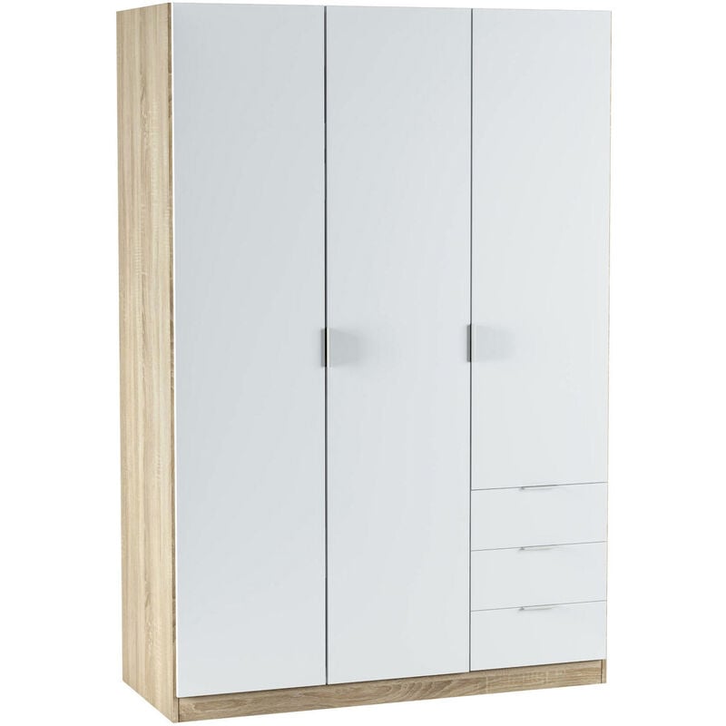 foto del prodotto dmora guardaroba 3 ante apaches, armadio per camera da letto 3 cassetti, mobile con barra appendiabiti e 3 ripiani, 121x52h180 cm, bianco e rovere